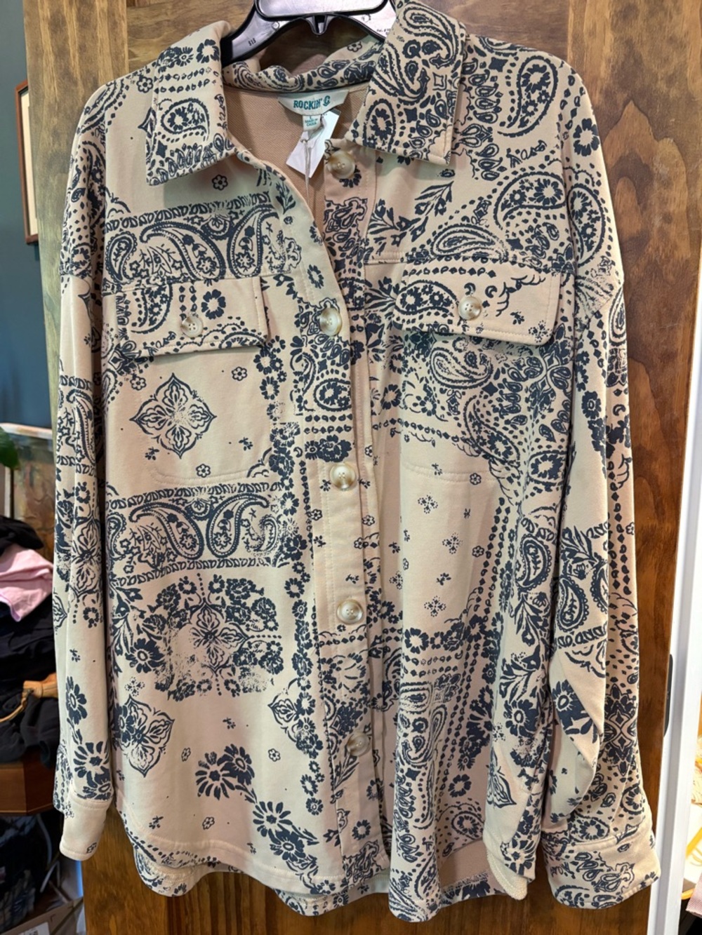 Rockin' C Vintage-Inspired Bandana Print Button-Up Shirt - Tan & Black